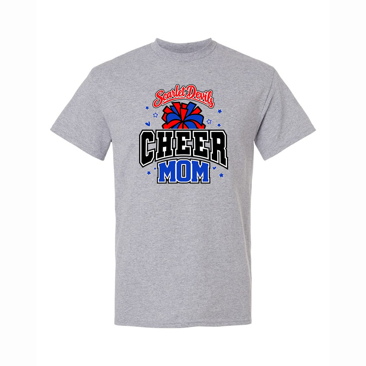 A heather gray short-sleeve crewneck t-shirt featuring a 'Santa-Delilah Cheer Mom' graphic on the chest with a red and blue pom-pom and black, white, and blue lettering.