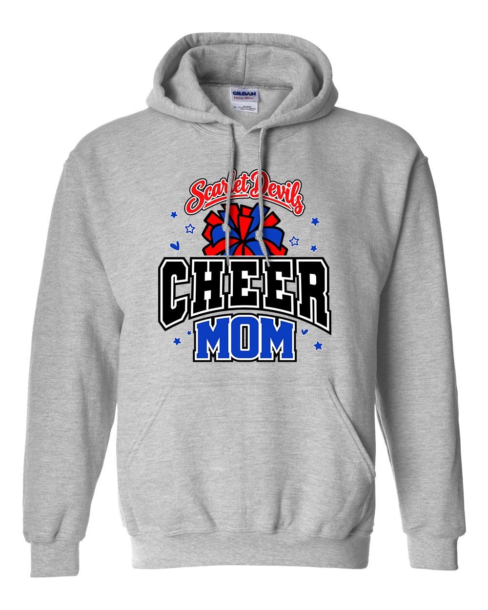 A light heather gray pullover hoodie featuring a 'Semper Fi Cheer Mom' graphic on the chest. The graphic includes a red and blue semper fi emblem, the words 'Semper Fi' in red script, 'CHEER' in large black block letters, and 'MOM' in blue block letters, accented with small blue stars.
