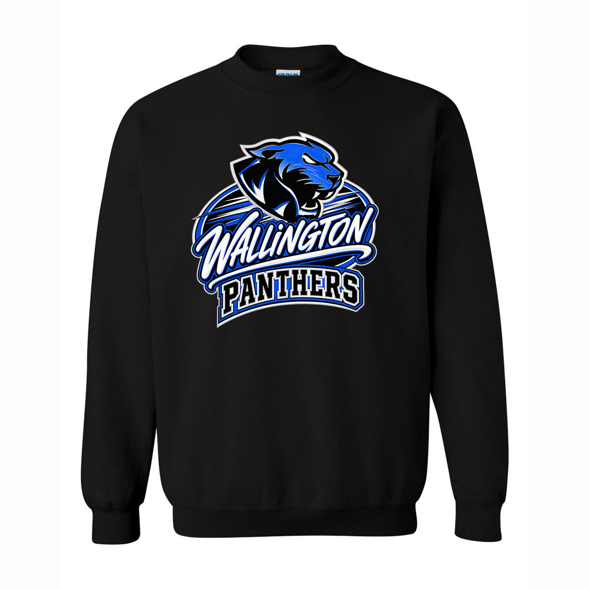 A black crewneck sweatshirt featuring a large blue and white 'Wallington Panthers' logo graphic on the chest, displayed against a solid white background.