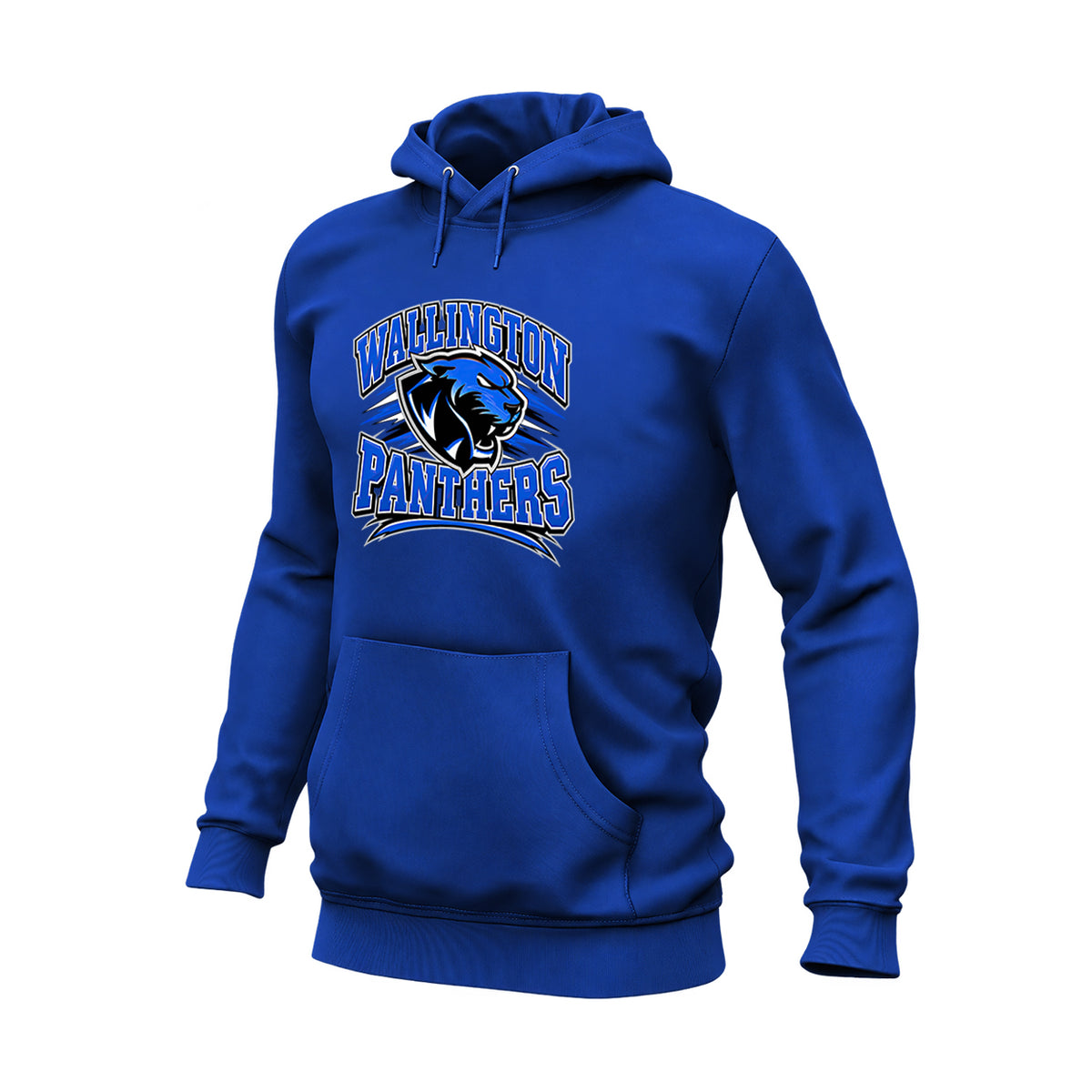 A royal blue pullover hoodie featuring a 'Washington Panthers' graphic on the chest with a panther logo, shown against a plain white background.