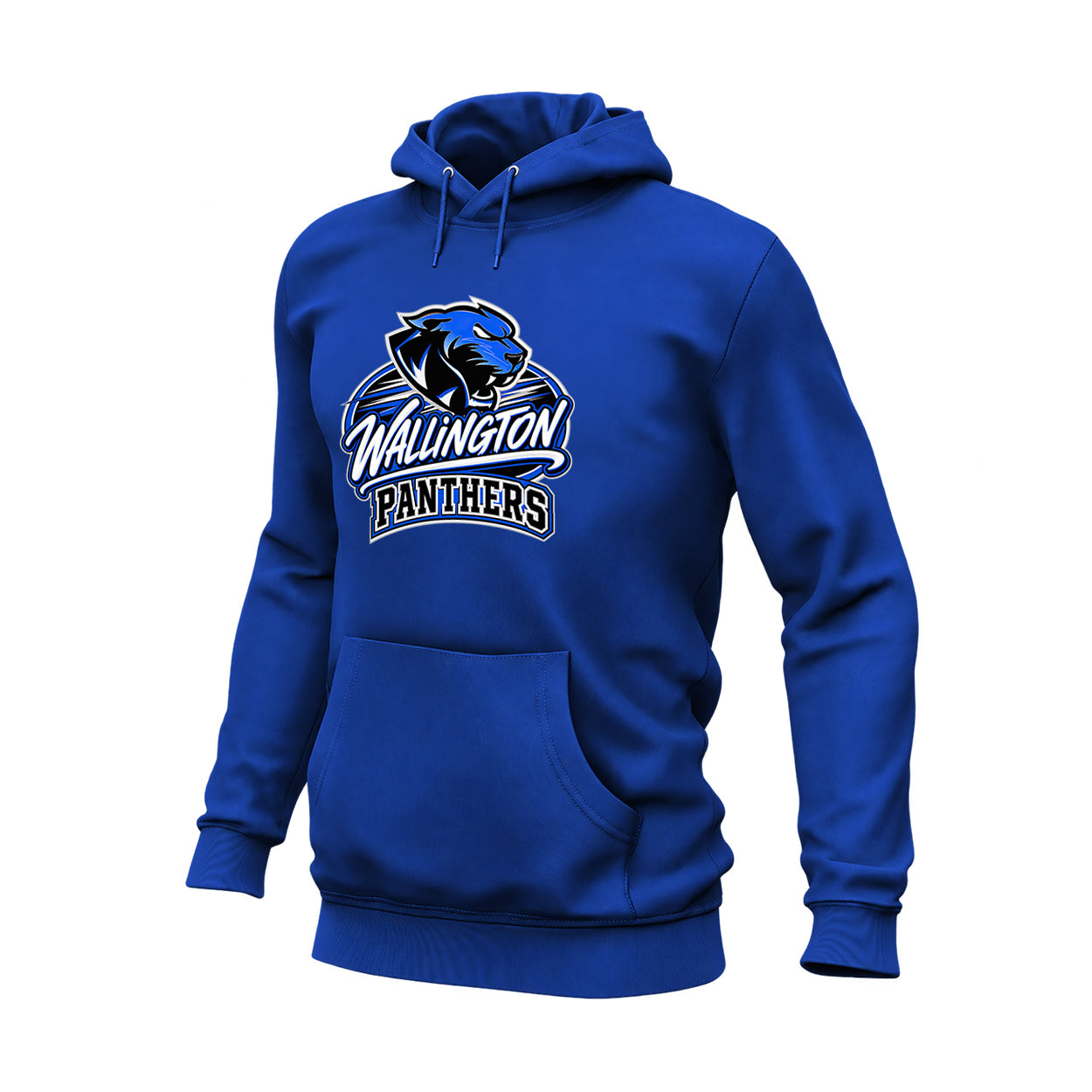 A royal blue pullover hoodie featuring a 'Wallington Panthers' logo printed on the chest, displayed on a clean white background.