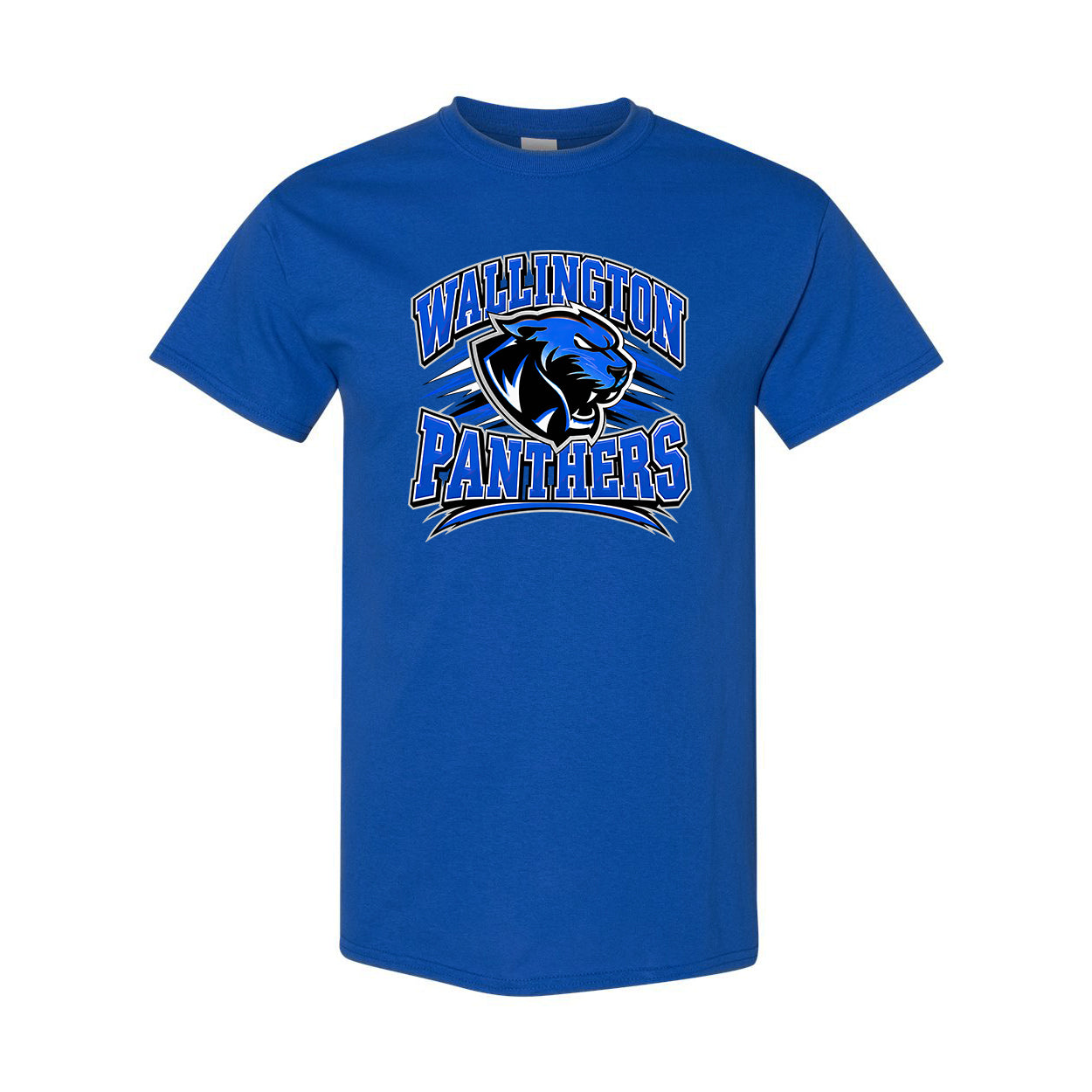 A royal blue short-sleeve crewneck t-shirt featuring a 'Warrington Panthers' graphic on the chest with a panther logo, displayed on a solid white background.
