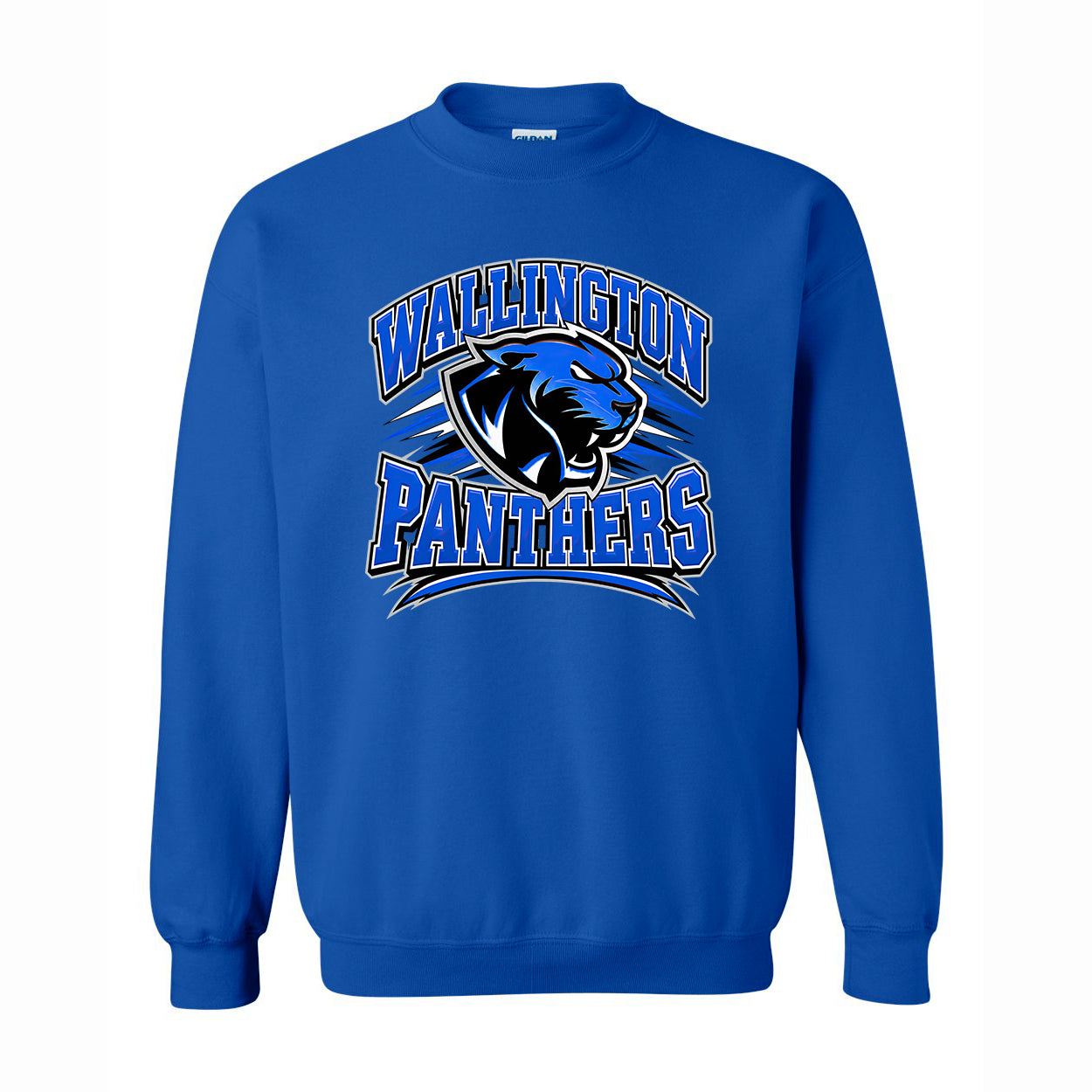 A royal blue crewneck sweatshirt featuring a 'Wallington Panthers' graphic on the chest with a panther logo and blue, white, and black details.