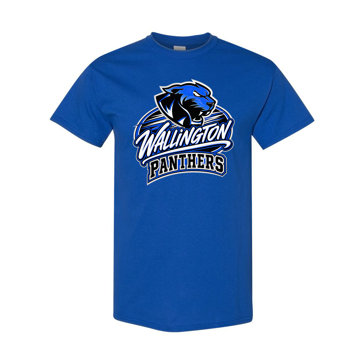 A royal blue short-sleeve crewneck t-shirt featuring a large 'Wallington Panthers' graphic on the chest with a panther mascot logo.
