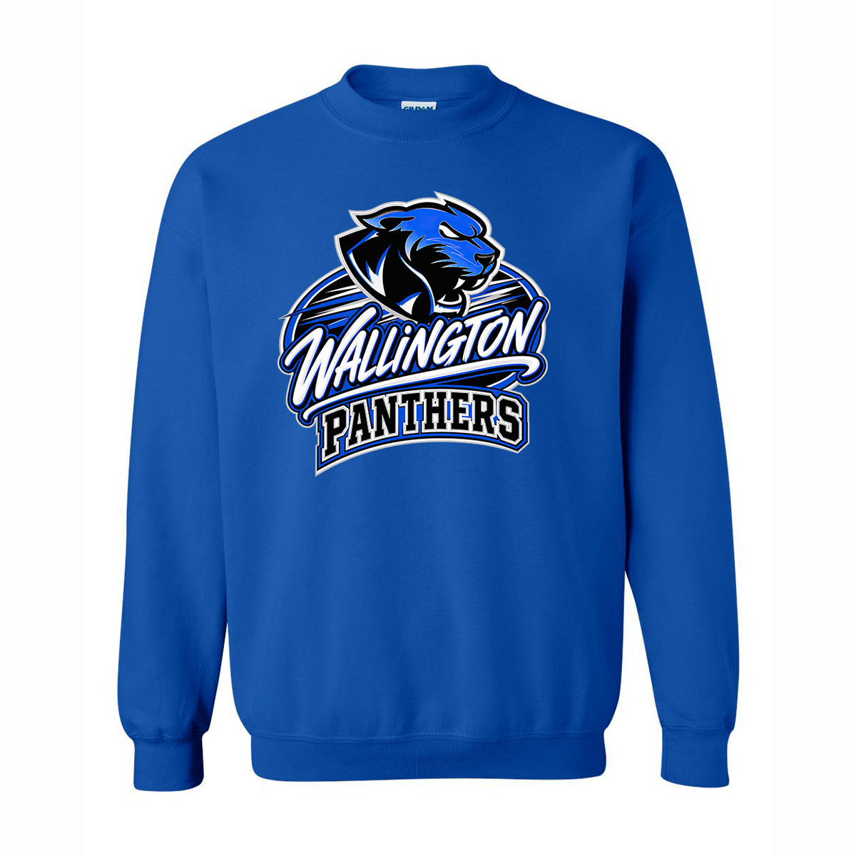 A royal blue crewneck sweatshirt featuring a large graphic on the chest of a blue panther logo above the words 'WALLINGTON PANTHERS' in white and black.