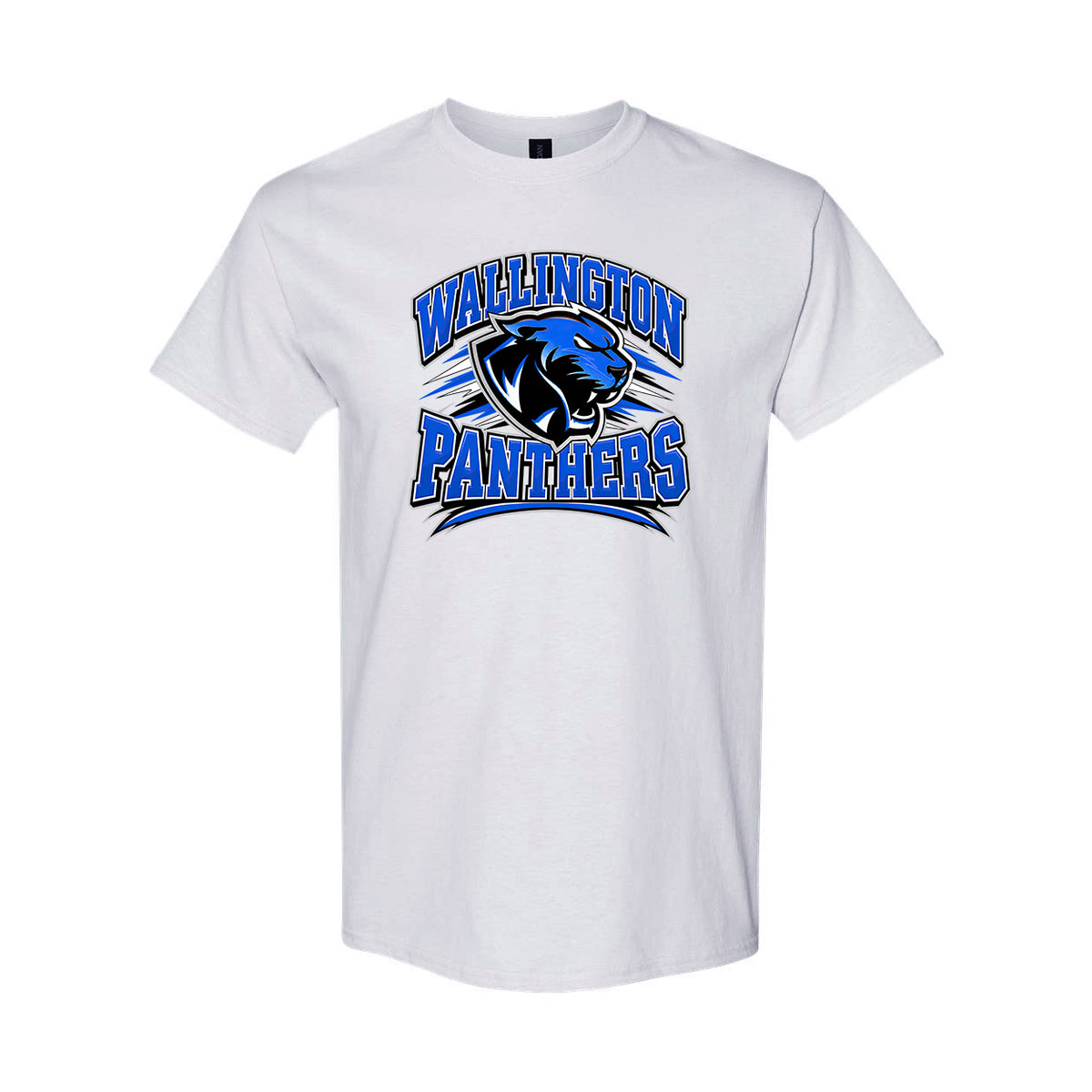 A white short-sleeve crewneck t-shirt featuring a 'Warrington Panthers' graphic on the chest. The graphic includes a blue and black panther mascot logo with blue and black lettering outlined in white, set against a clean white background.