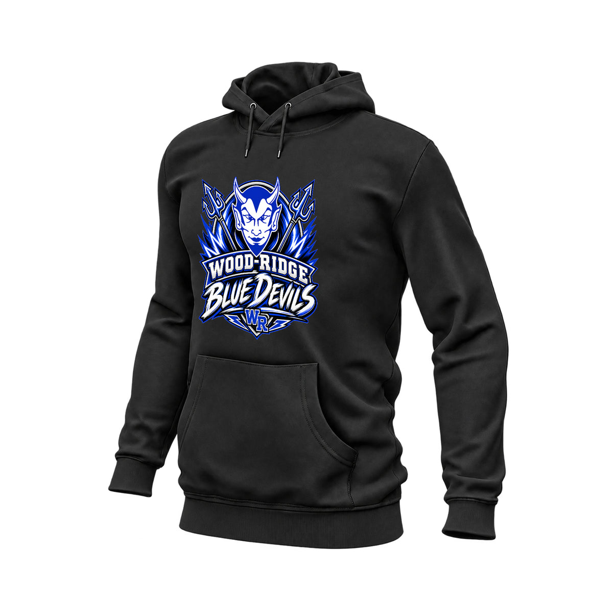 A black pullover hoodie with a large blue and white 'Wood-Ridge Blue Devils' graphic on the chest, displayed on a clean white background.