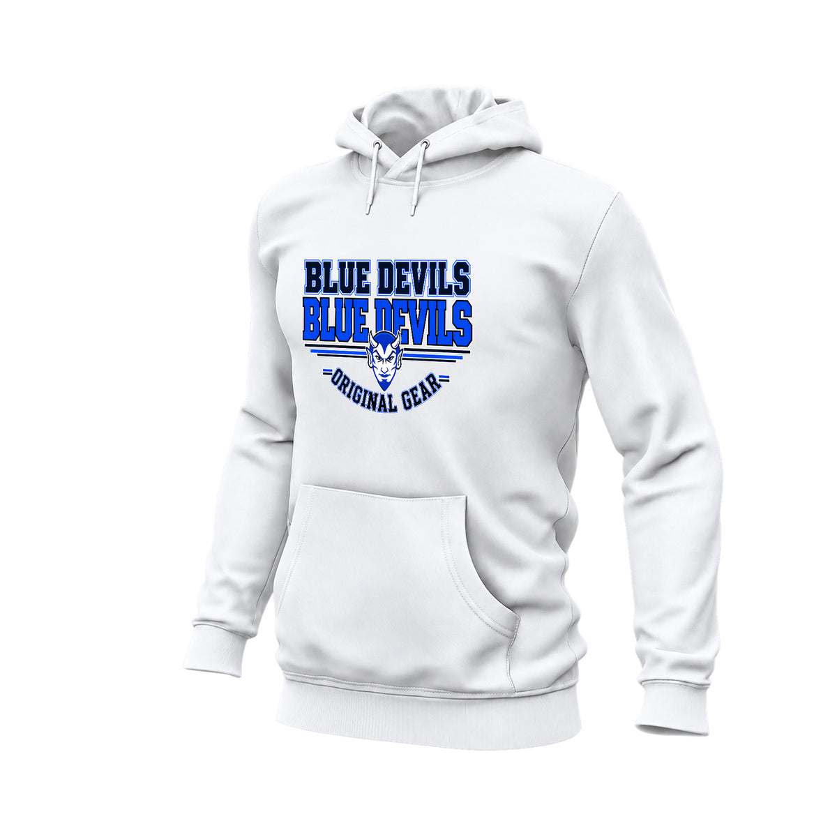 A white pullover hoodie with a blue and navy graphic on the chest that reads 'BLUE DEVILS BLUE DEVILS ORIGINAL GEAR' with a devil mascot logo, shown on a plain white background.