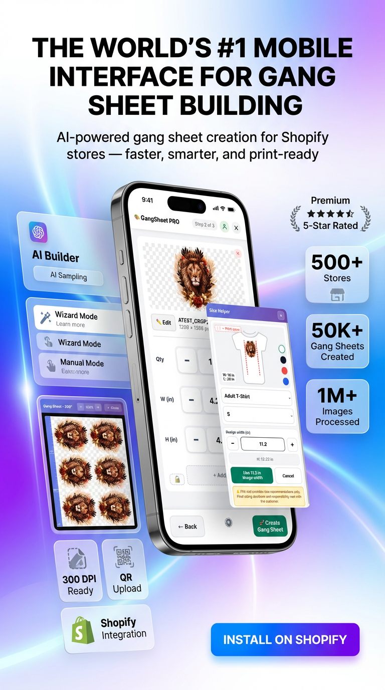 Advertisement for a mobile interface for gang sheet building with smartphone displaying app features.