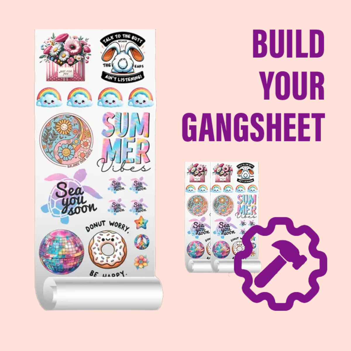A promotional graphic for a sticker gangsheet set. The main subject is a large white sticker roll on the left featuring colorful summer-themed stickers like rainbows, a peace sign, a disco ball, a donut, and text such as 'SUMMER Vibes' and 'Sea you Jason'.