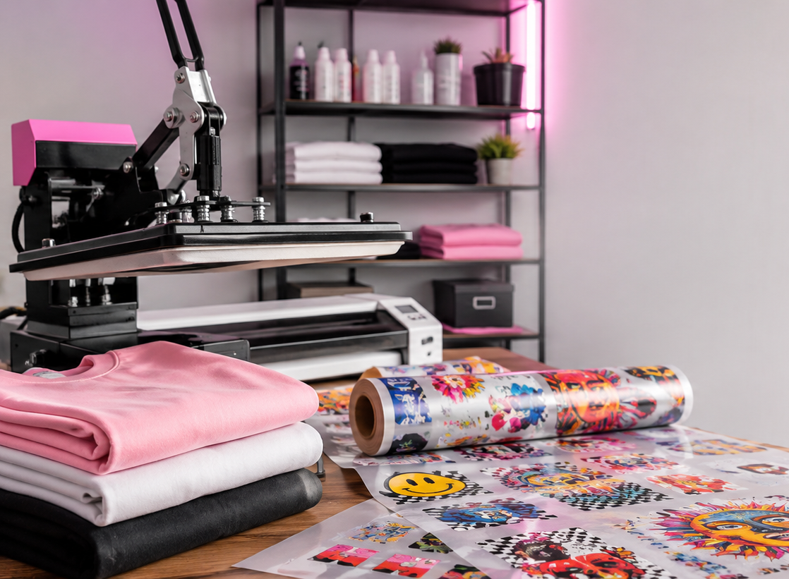 A heat press machine sits on a desk alongside folded pink, white, and black t-shirts, a roll of colorful printed transfer vinyl, and sheets of matching graphics. In the background, shelves hold folded garments and bottles under pink lighting.