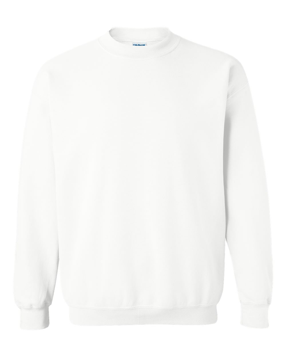 A plain white crewneck sweatshirt with long sleeves and ribbed cuffs and hem, shown against a solid white background.